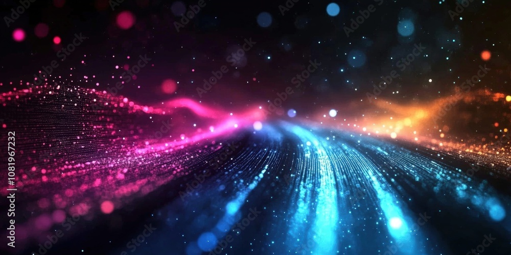 Poster colorful abstract waves of light with sparkling particles and digital effects in a dynamic backgroun