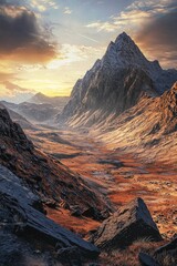 Naklejka premium breathtaking, high-detail image of a mountain range with a warm sunrise casting golden hues across the landscape, ideal for nature and travel themes. 