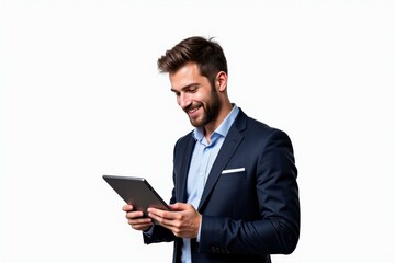 Professional Man in Blue Suit Using Tablet Smiling Confidently Business Success Technology Concept
