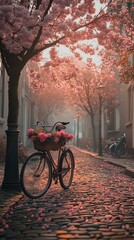 Obraz premium Serene cobblestone street lined with blooming cherry trees, a bicycle carrying pink flowers under soft sunlight creating tranquil, romantic ambiance.