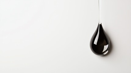 A single drop of black liquid suspended against a clean white background.