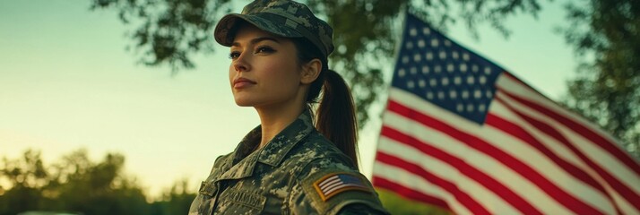 Fototapeta premium Female Soldier in Uniform with American Flag: A Symbol of Patriotism