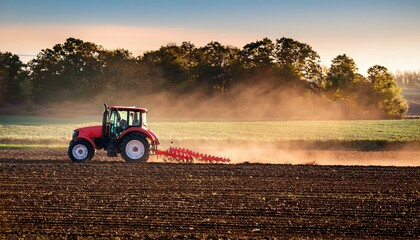 Obraz premium modern agricultural machinery and farming practices are demonstrated by a red tractor