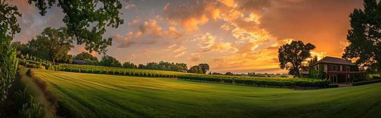Panoramic photo of a beautiful vineyard at sunset