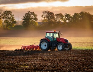 Obraz premium modern agricultural machinery and farming practices are demonstrated by a red tractor