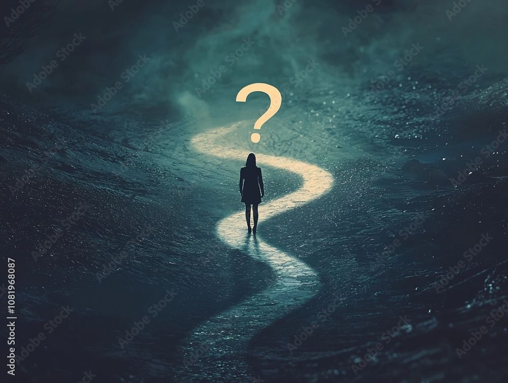 Poster person standing at a crossroads with question mark paths symbolizing life choices and uncertainties