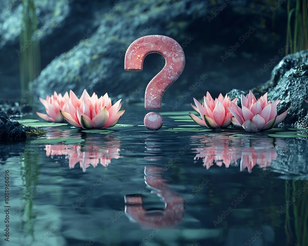 Poster lotus flowers and question mark reflection on tranquil pond symbolizing introspection and enlightenm