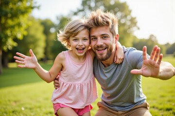 Fototapeta premium Joyful Father Daughter Bonding in Park: Perfect for Family Portraits, Happy Memories, and Heartwarming Moments