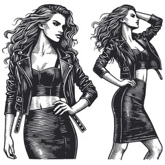 Stylish Woman in Leather Jacket and Skirt Posing with Confidence and Attitude Vector Illustration in Vintage Engraving Style