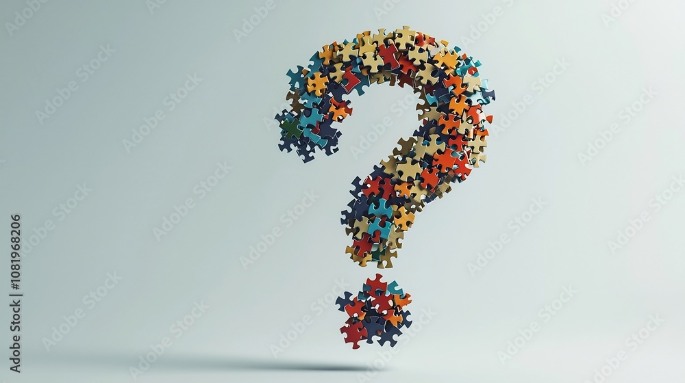 Poster puzzle piece question mark floating in the air symbolizing the ongoing quest to find missing pieces 