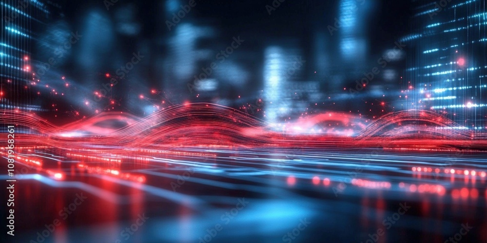 Poster abstract futuristic digital background with glowing red and blue lines, representing data flow and t