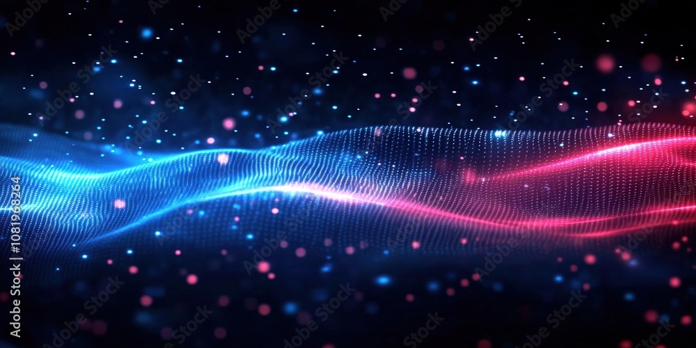 Poster vibrant abstract background with flowing waves of blue and red light particles creating a dynamic an
