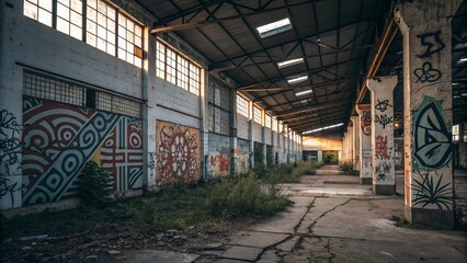 Urban Exploration Photography of an Abandoned Warehouse with Intricate Supoku Patterns on the Walls, Captured in Gritty Detail and Atmospheric Lighting for a Unique Artistic Perspective