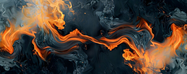 Fiery flames with billowing smoke on a black background, an abstract wallpaper. 