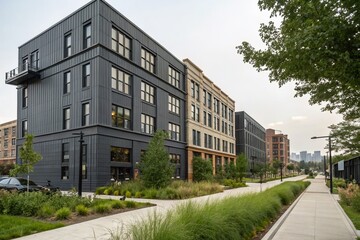 Urban Renewal: Old Industrial Buildings Transformed into Modern Apartments with Charcoal Gray Fiber Cement Siding, Showcasing Sustainable Design and Innovative Architecture