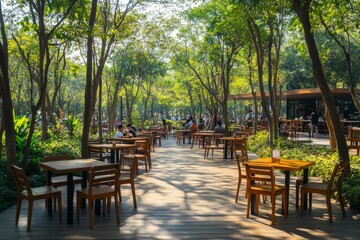 Fototapeta premium Outdoor cafe with wooden tables and chairs.