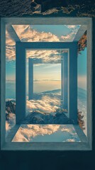  Floating windows frame diverse landscapes, including a forest, canyon, and sea at dusk, symbolizing exploration and wonder.