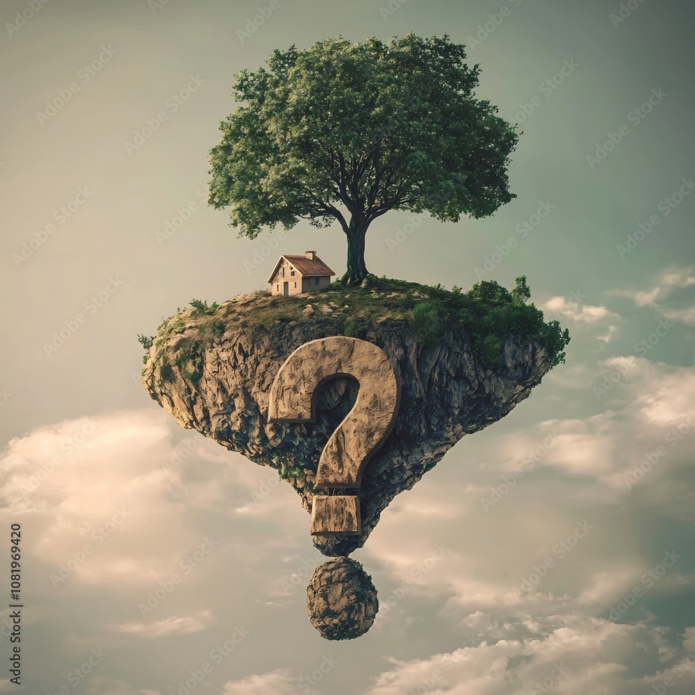 Poster floating islet shaped as a question mark with a tree and house atop representing the search for mean