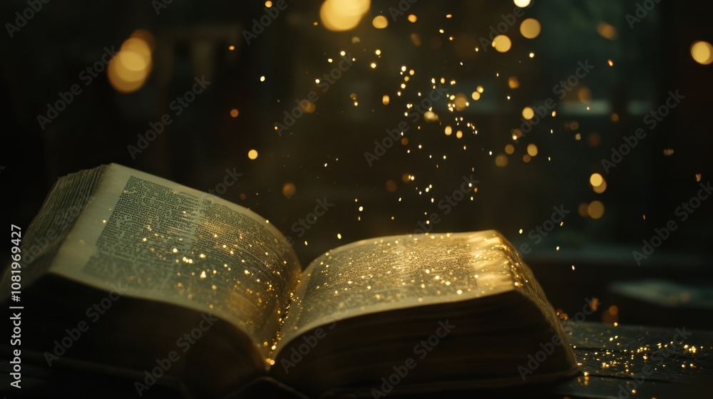 Poster enchanted open book with sparks of light illuminating magical pages in a mystical library setting