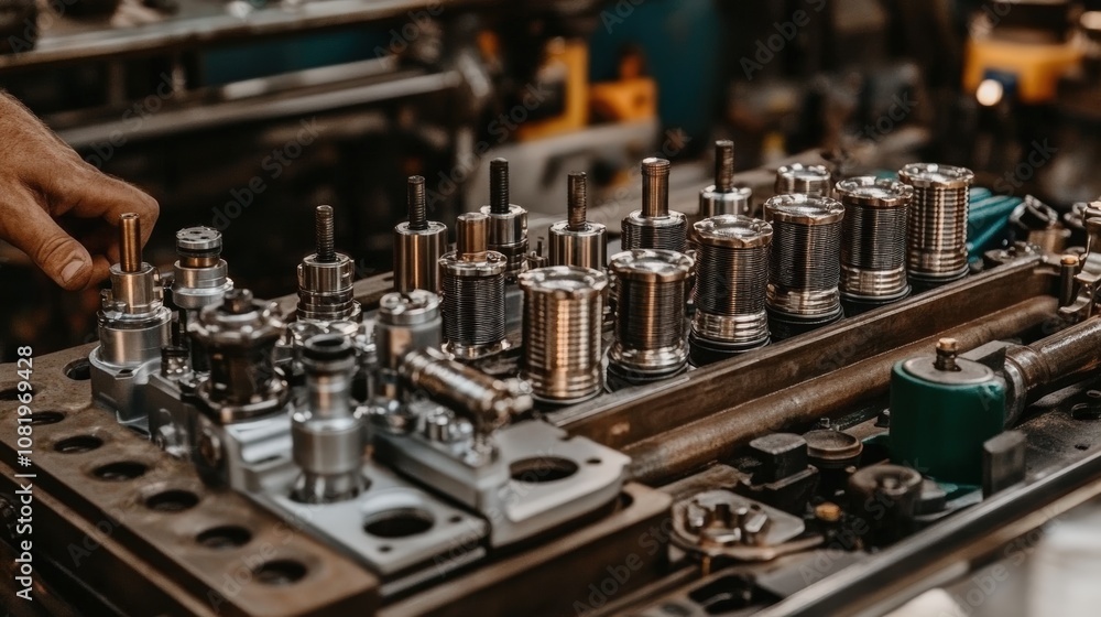Aufkleber precision engineering: a close-up shot of a hand carefully selecting a component from a tool tray fi