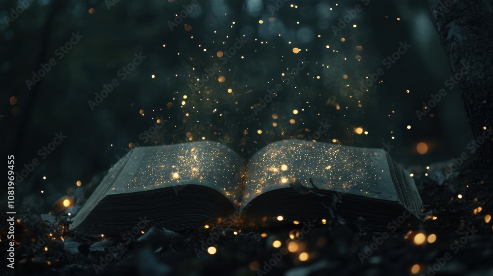 Poster enchanted open book in a mystical forest with sparkling particles floating in the air during a seren