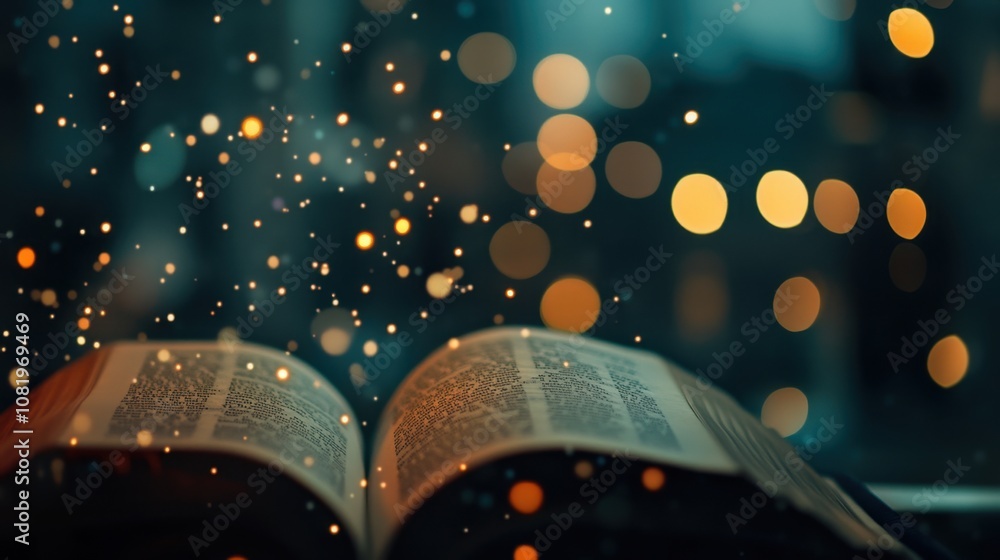 Poster open book with glowing pages in a cozy setting, surrounded by soft bokeh lights, creating a magical 
