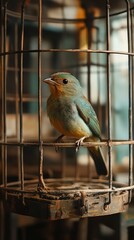  A bird rests quietly inside a small cage with the door ajar, gazing reflectively at its surroundings but choosing to stay.