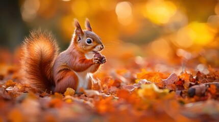 Obraz premium Red Squirrel Eating a Nut in Autumn Leaves