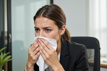 Professional Woman in Office Setting Sneezing into Tissue, Perfect for Health Awareness Campaigns, Advertisements, and Workplace Safety Materials