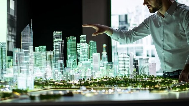 Architect's Vision: A discerning architect meticulously examines a detailed scale model of a modern cityscape, his hand reaching out as if to touch the future he's shaping.