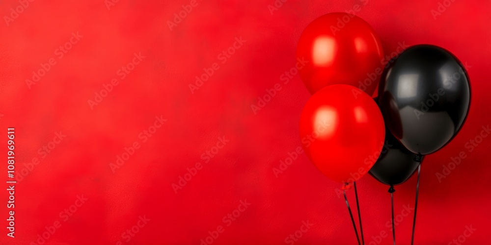 Poster Red background with three red and black balloons. The balloons are arranged in a way that they are not touching each other