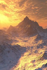 Naklejka premium breathtaking, high-detail image of a mountain range with a warm sunrise casting golden hues across the landscape, ideal for nature and travel themes. 