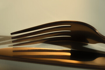 Play of light and shadow on a copper-colored fork and knife 