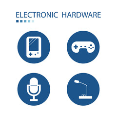 Symbol of electronics hardware icons such as. games, microphone. Icons on blue circle shape. Electronics supplement illustration.