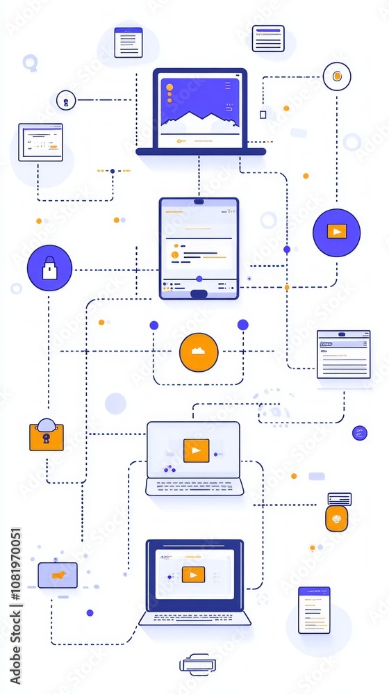 Poster this illustration depicts a network of interconnected devices including laptops and tablets, highlig