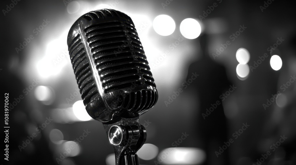 Poster vintage microphone with bokeh background at a live music event, emphasizing sound and performance in