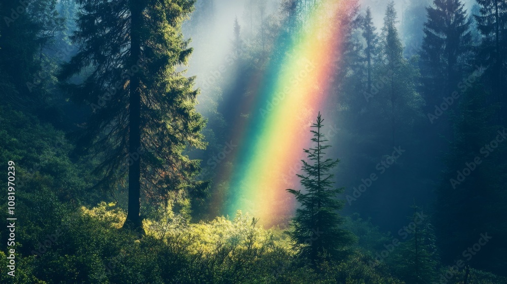 Poster enchanting rainbow appearing through misty forest landscape with tall evergreen trees and lush green