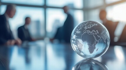 A Glass Globe with World Map Over a Conference Table in a Modern Office Setting with Business Professionals Engaging in Discussion and Collaboration