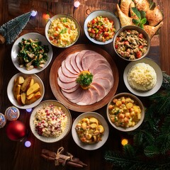 Traditional Finnish Christmas food spread including ham, potato salad, and various casserole