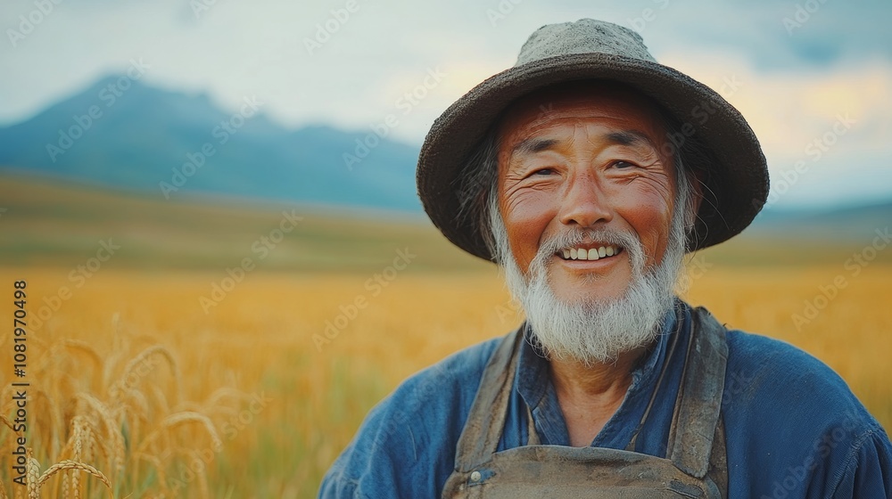 Poster man with a hat and beard is smiling in a field of wheat. concept of happiness and contentment, as th