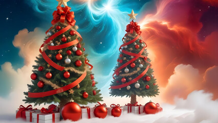 Obraz premium Festive Christmas Tree Adorned with Ornaments and a Star Topper