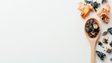 Wooden Spoon Filled with Loose Tea Leaves and Flower Petals