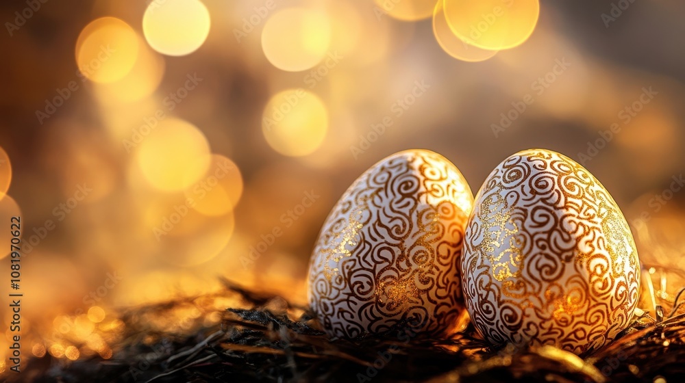 Aufkleber decorative golden easter eggs with intricate patterns surrounded by soft romantic bokeh lights creat