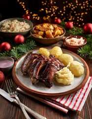 Norwegian Christmas dinner spread with ribbe (pork ribs), sauerkraut, and potatoes