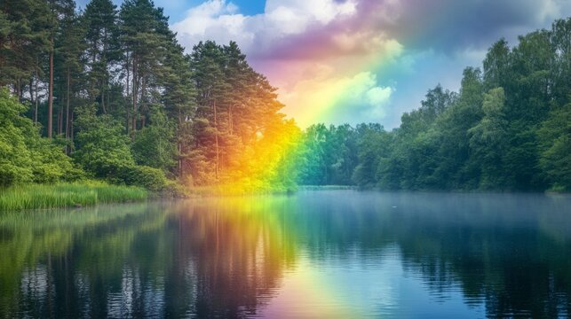 Serene Landscape with Rainbow over Calm Lake Surrounded by Lush Green Forest and Blue Sky, Perfect for Nature Lovers and Relaxation Themes in Photography