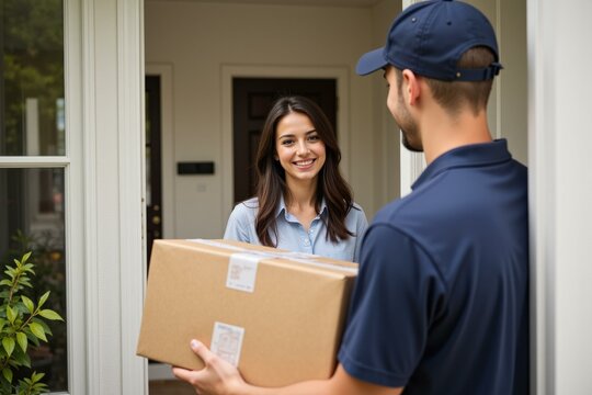 Delivery Day: Happy Woman Receiving Package from Friendly Delivery Man at Doorstep, Perfect for E-commerce and Logistics Marketing