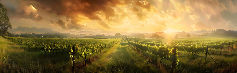 Naklejka premium A panoramic photograph of an amazing vineyard, with an orange sky
