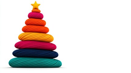Colorful Christmas tree made of yarn. The tree is tall and has a star on top. The colors of the yarn are bright and cheerful, creating a festive and joyful mood