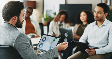 Laptop, data and businessman in meeting with group for planning, financial analysis or metrics. Computer, team or manager brainstorming stats for risk management, investment kpi and glasses in office