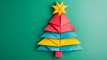 Paper tree with a star on top. The tree is made of folded paper and is in the shape of a Christmas tree